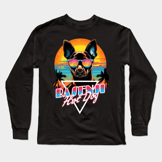 Retro Wave Basenji Hot Dog Shirt Long Sleeve T-Shirt by Miami Neon Designs